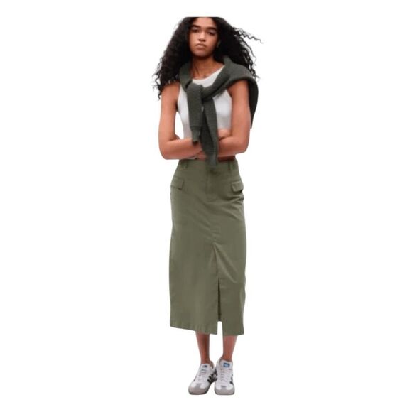 Gap Cargo Utility Midi Skirt Mesculen Green Stretch Knit Front Slit 29 / 8 - Picture 2 of 4